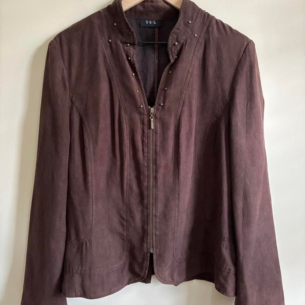 RQT Brown Faux Suede Studded Zip Front Jacket Mock Neck Chocolate Brown L